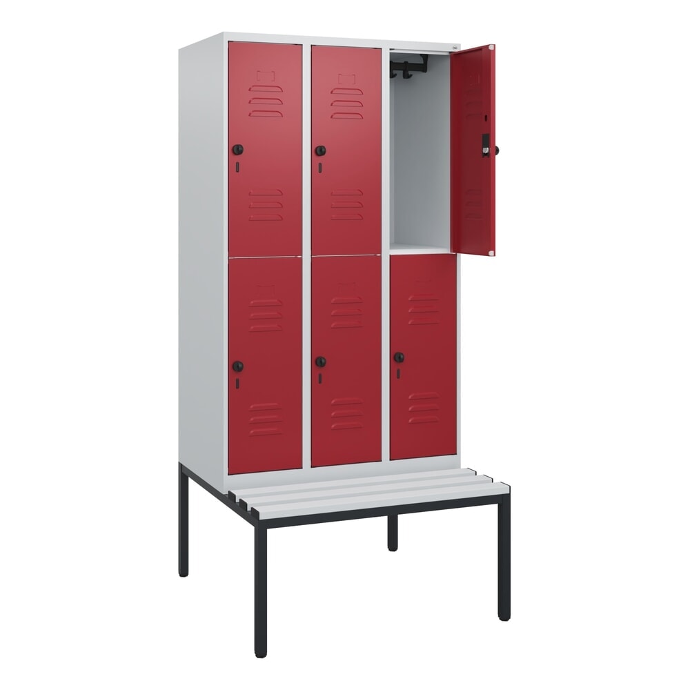 Produktabbildung: C+P Doppelstock-Spind Classic PLUS, 3 Abteile, HxBxT 1.950 x 900 x 815 mm, für Vorhängeschloss, untergebaute Bank aus Kunststoff, lichtgrau, rubinrot