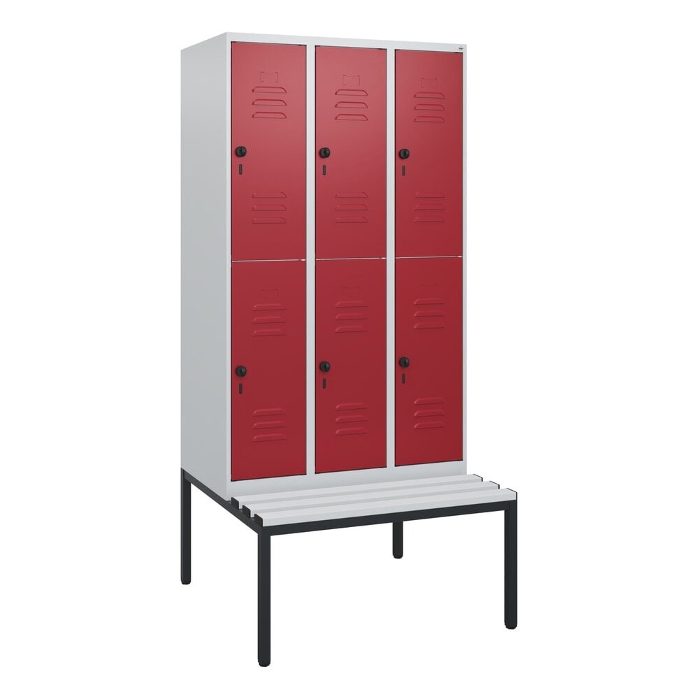 Produktabbildung Nr. 9: C+P Doppelstock-Spind Classic PLUS, 3 Abteile, HxBxT 1.950 x 900 x 815 mm, für Vorhängeschloss, untergebaute Bank aus Kunststoff, lichtgrau, rubinrot
