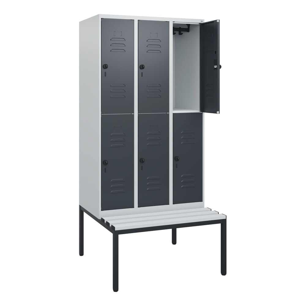 Produktabbildung: C+P Doppelstock-Spind Classic PLUS, 3 Abteile, HxBxT 1.950 x 900 x 815 mm, für Vorhängeschloss, untergebaute Bank aus Kunststoff, lichtgrau, anthrazitgrau