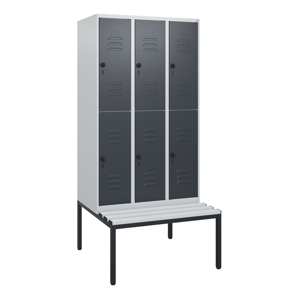 Produktabbildung Nr. 9: C+P Doppelstock-Spind Classic PLUS, 3 Abteile, HxBxT 1.950 x 900 x 815 mm, für Vorhängeschloss, untergebaute Bank aus Kunststoff, lichtgrau, anthrazitgrau