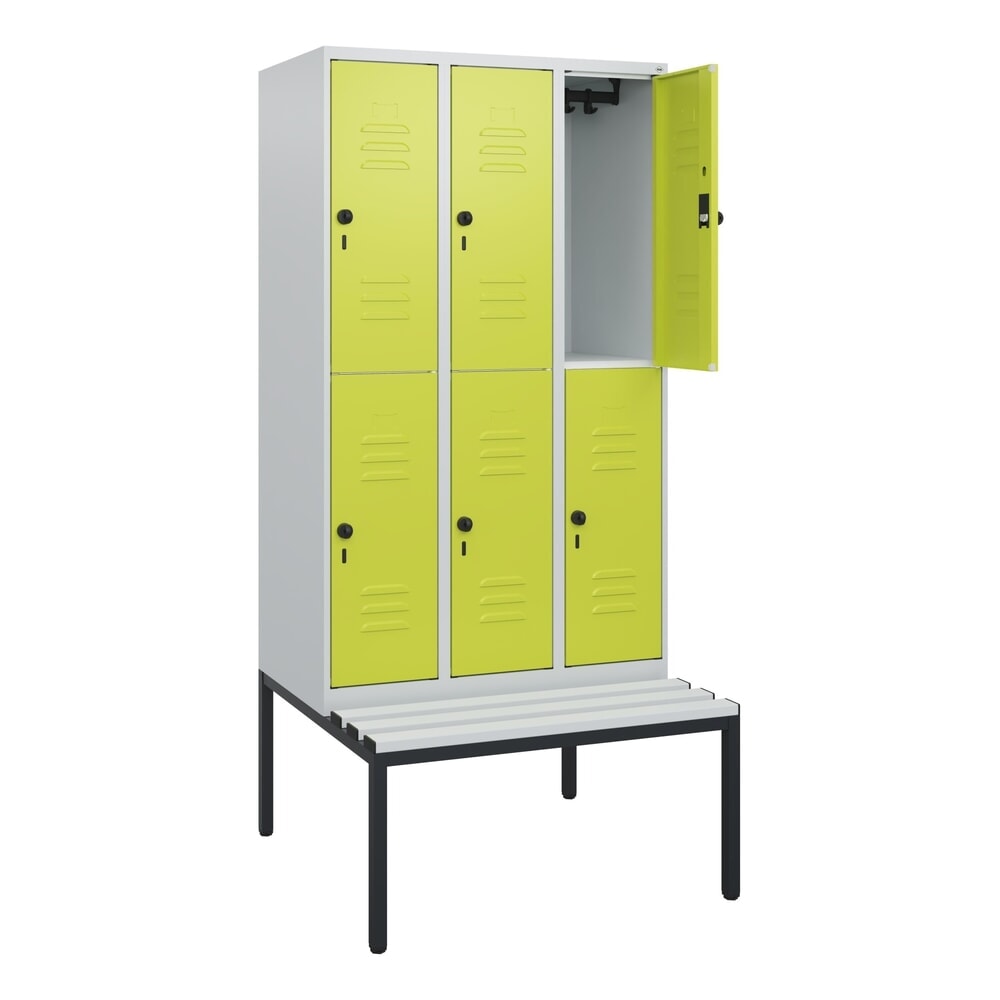 Produktabbildung: C+P Doppelstock-Spind Classic PLUS, 3 Abteile, HxBxT 1.950 x 900 x 815 mm, für Vorhängeschloss, untergebaute Bank aus Kunststoff, lichtgrau, clowngrün