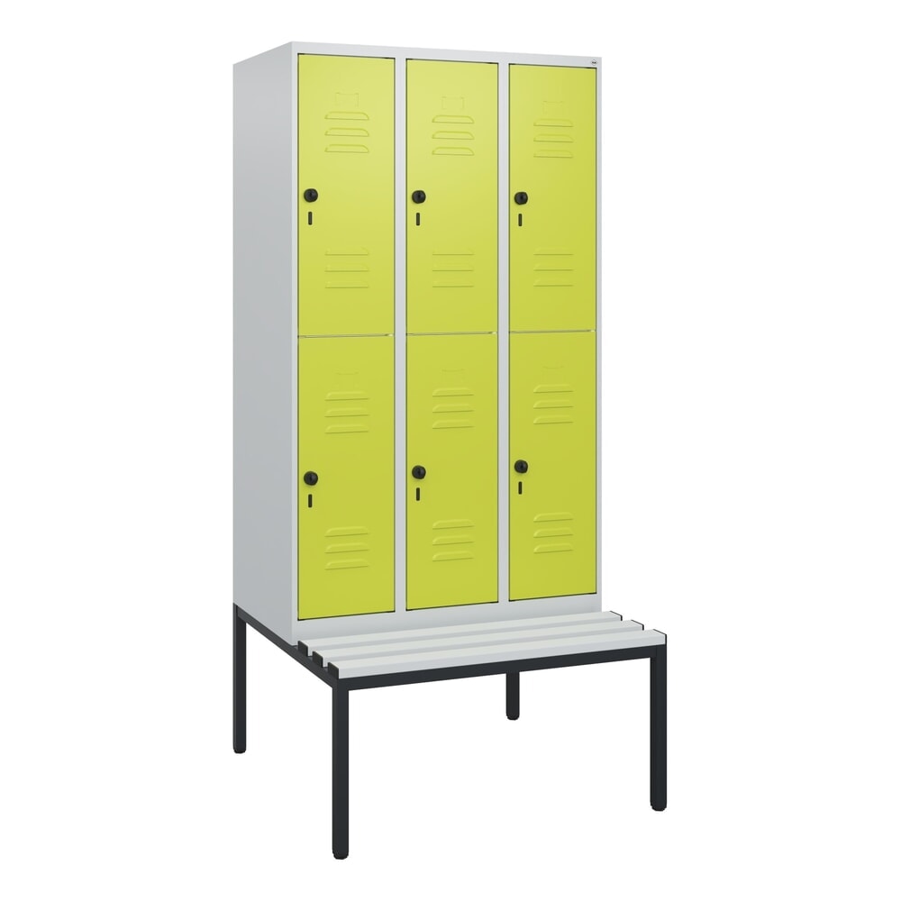 Produktabbildung Nr. 9: C+P Doppelstock-Spind Classic PLUS, 3 Abteile, HxBxT 1.950 x 900 x 815 mm, für Vorhängeschloss, untergebaute Bank aus Kunststoff, lichtgrau, clowngrün