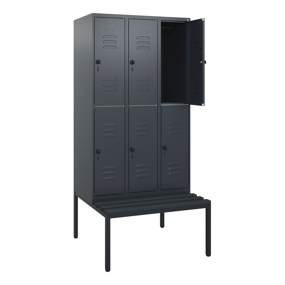 Produktabbildung: C+P Doppelstock-Spind Classic PLUS, 3 Abteile, HxBxT 1.950 x 900 x 815 mm, für Vorhängeschloss, untergebaute Bank aus Kunststoff, anthrazitgrau, anthrazitgrau