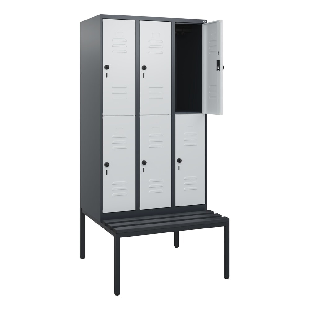Produktabbildung: C+P Doppelstock-Spind Classic PLUS, 3 Abteile, HxBxT 1.950 x 900 x 815 mm, für Vorhängeschloss, untergebaute Bank aus Kunststoff, anthrazitgrau, lichtgrau