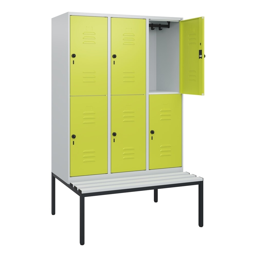 Produktabbildung: C+P Doppelstock-Spind Classic PLUS, 3 Abteile, HxBxT 1.950 x 1.200 x 815 mm, für Vorhängeschloss, untergebaute Bank aus Kunststoff, lichtgrau, clowngrün