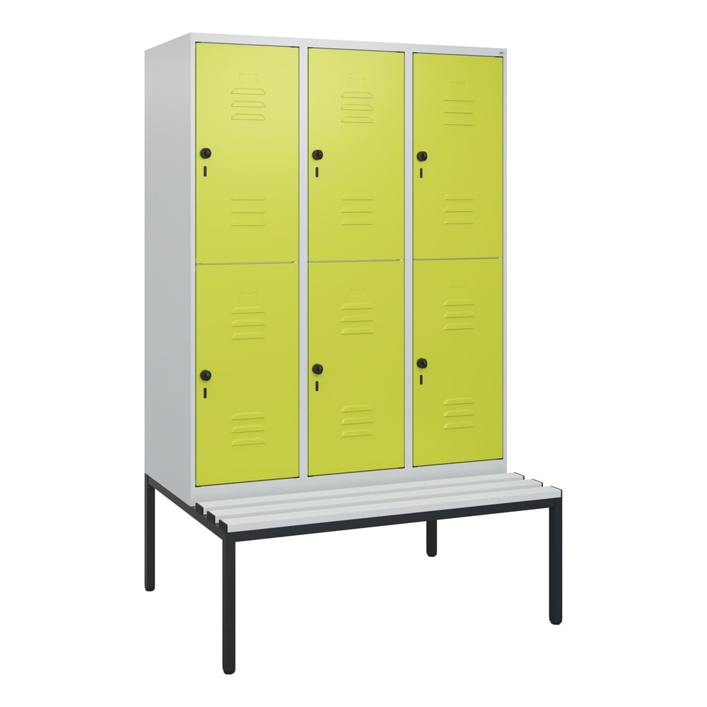 Produktabbildung Nr. 9: C+P Doppelstock-Spind Classic PLUS, 3 Abteile, HxBxT 1.950 x 1.200 x 815 mm, für Vorhängeschloss, untergebaute Bank aus Kunststoff, lichtgrau, clowngrün