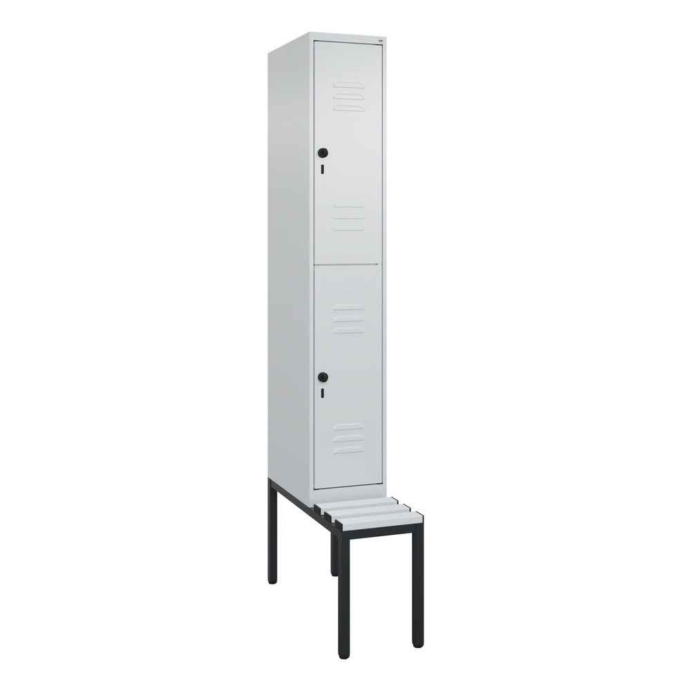 Produktabbildung: C+P Doppelstock-Spind Classic PLUS, 1 Abteil, HxBxT 2.120 x 300 x 815 mm, für Vorhängeschloss, untergebaute Bank aus Kunststoff, lichtgrau, lichtgrau