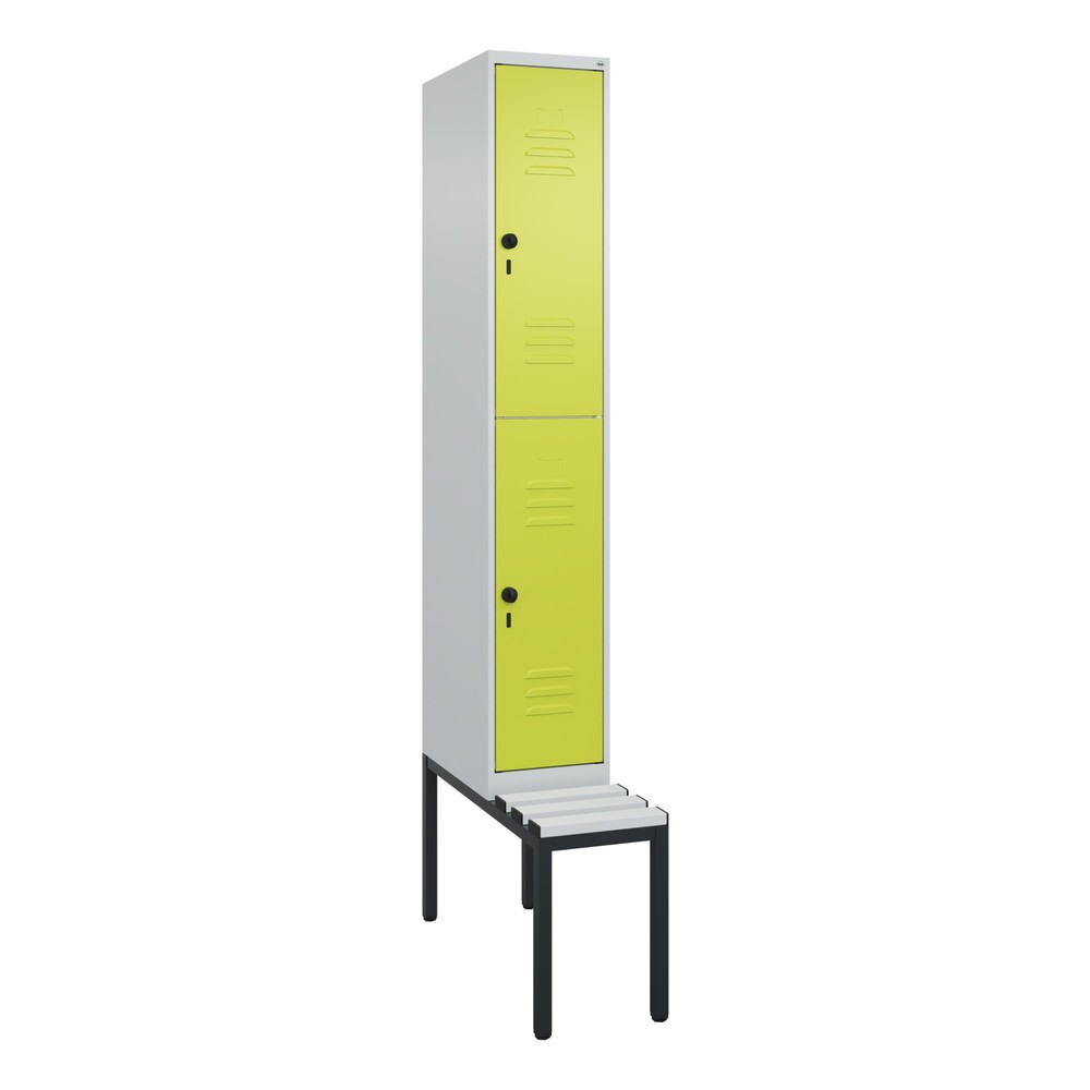 Produktabbildung: C+P Doppelstock-Spind Classic PLUS, 1 Abteil, HxBxT 2.120 x 300 x 815 mm, für Vorhängeschloss, untergebaute Bank aus Kunststoff, lichtgrau, clowngrün