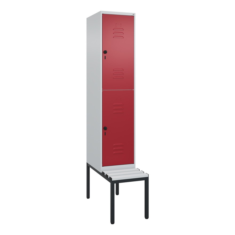 Produktabbildung: C+P Doppelstock-Spind Classic PLUS, 1 Abteil, HxBxT 2.120 x 400 x 815 mm, für Vorhängeschloss, untergebaute Bank aus Kunststoff, lichtgrau, rubinrot