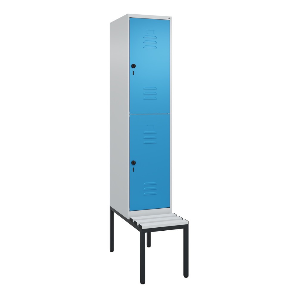 Produktabbildung: C+P Doppelstock-Spind Classic PLUS, 1 Abteil, HxBxT 2.120 x 400 x 815 mm, für Vorhängeschloss, untergebaute Bank aus Kunststoff, lichtgrau, lichtblau