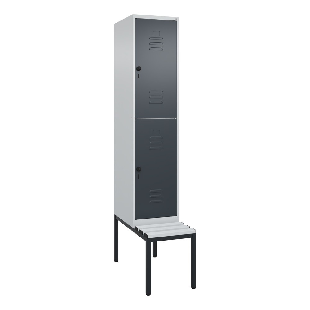 Produktabbildung: C+P Doppelstock-Spind Classic PLUS, 1 Abteil, HxBxT 2.120 x 400 x 815 mm, für Vorhängeschloss, untergebaute Bank aus Kunststoff, lichtgrau, anthrazitgrau