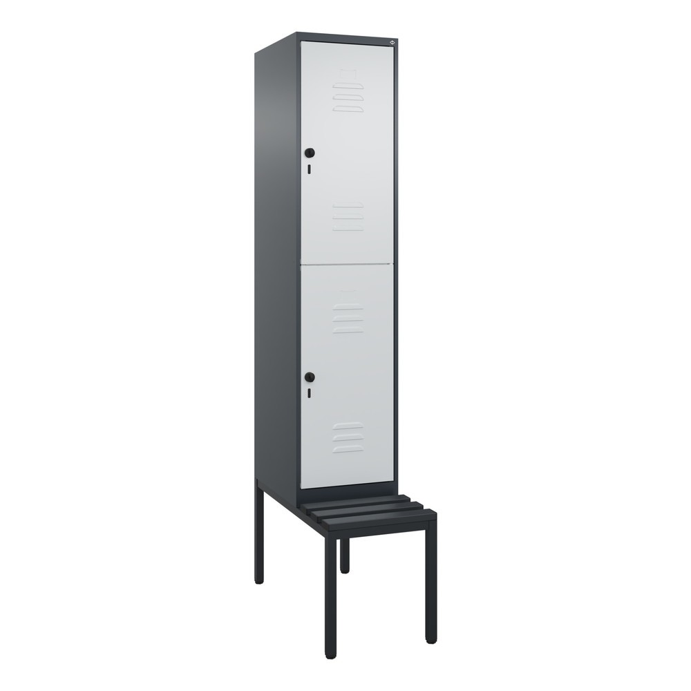 Produktabbildung: C+P Doppelstock-Spind Classic PLUS, 1 Abteil, HxBxT 2.120 x 400 x 815 mm, für Vorhängeschloss, untergebaute Bank aus Kunststoff, anthrazitgrau, lichtgrau