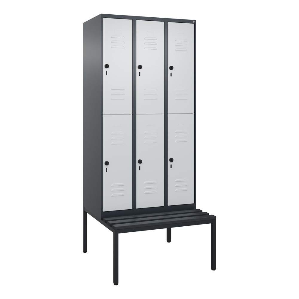 Produktabbildung: C+P Doppelstock-Spind Classic PLUS, 3 Abteile, HxBxT 2.120 x 900 x 815 mm, für Vorhängeschloss, untergebaute Bank aus Kunststoff, anthrazitgrau, lichtgrau