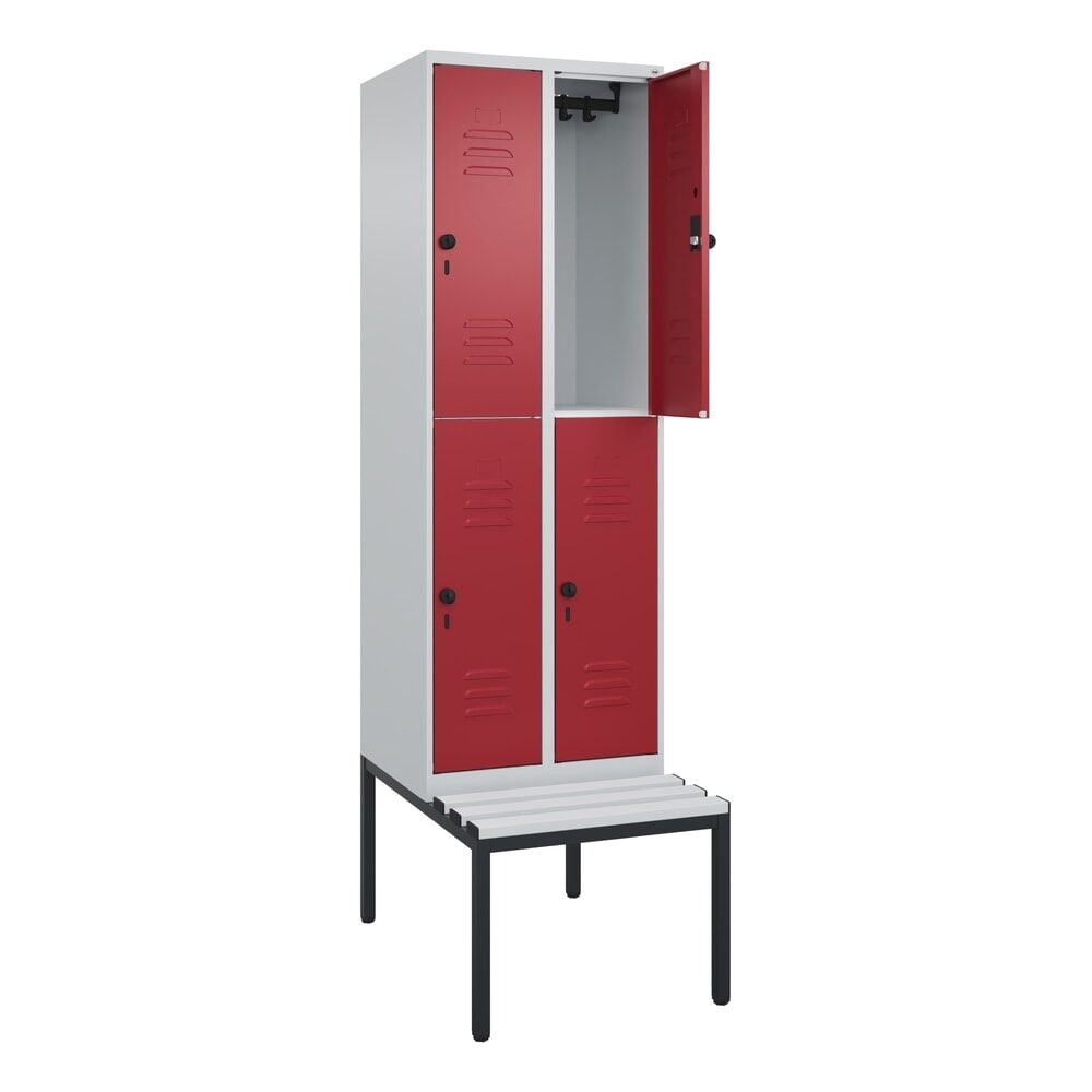 Produktabbildung: C+P Doppelstock-Spind Classic PLUS, 2 Abteile, HxBxT 2.120 x 600 x 815 mm, für Vorhängeschloss, untergebaute Bank aus Kunststoff, lichtgrau, rubinrot