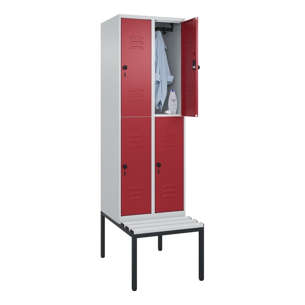Produktabbildung Nr. 10: C+P Doppelstock-Spind Classic PLUS, 2 Abteile, HxBxT 2.120 x 600 x 815 mm, für Vorhängeschloss, untergebaute Bank aus Kunststoff, lichtgrau, rubinrot