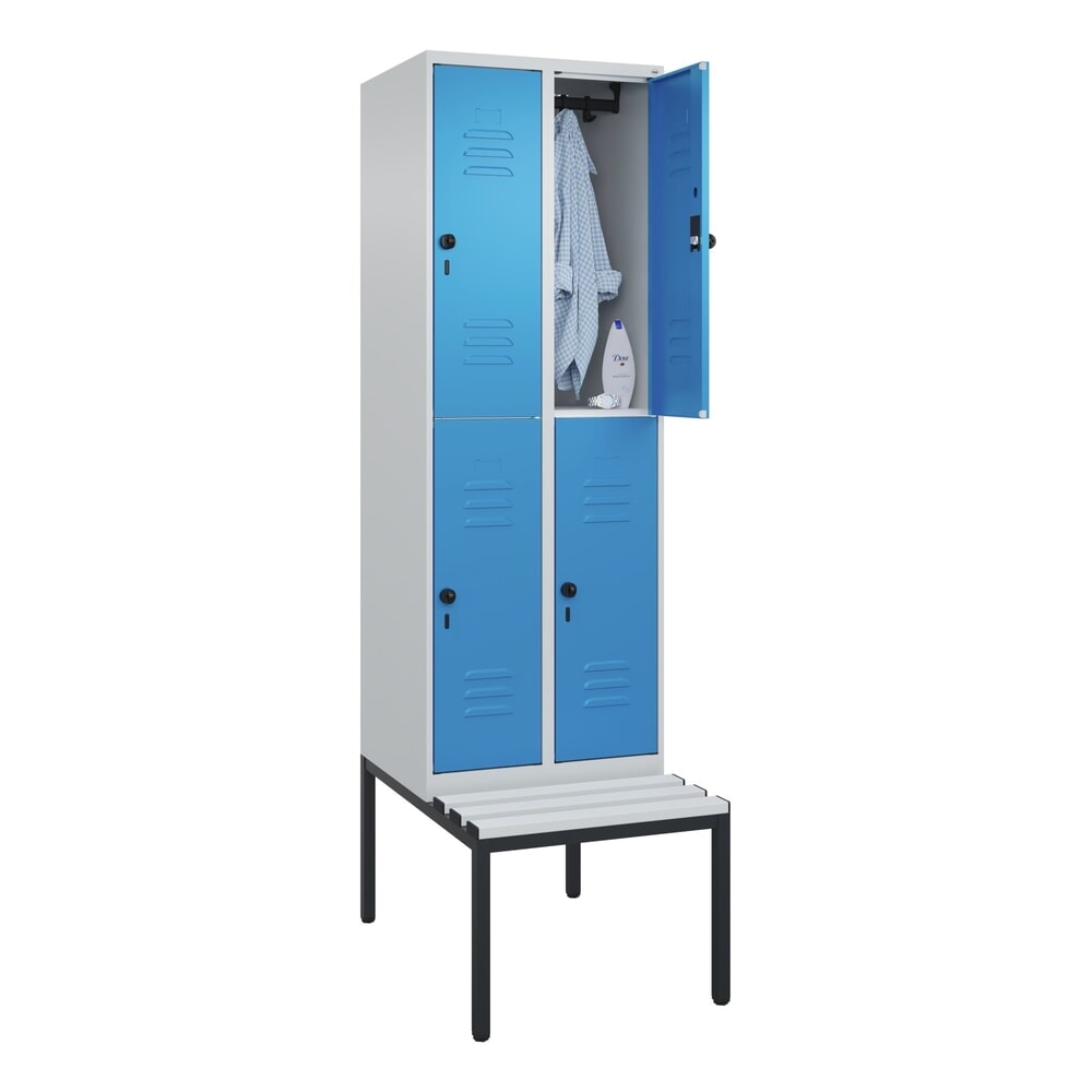 Produktabbildung Nr. 10: C+P Doppelstock-Spind Classic PLUS, 2 Abteile, HxBxT 2.120 x 600 x 815 mm, für Vorhängeschloss, untergebaute Bank aus Kunststoff, lichtgrau, lichtblau
