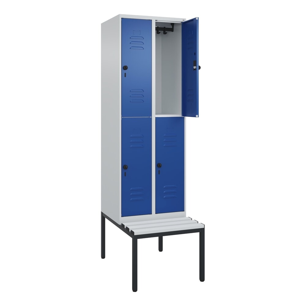 Produktabbildung: C+P Doppelstock-Spind Classic PLUS, 2 Abteile, HxBxT 2.120 x 600 x 815 mm, für Vorhängeschloss, untergebaute Bank aus Kunststoff, lichtgrau, enzianblau