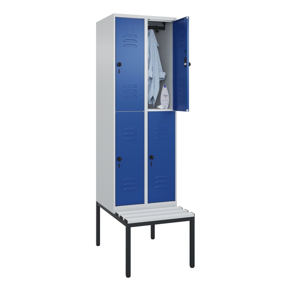 Produktabbildung Nr. 10: C+P Doppelstock-Spind Classic PLUS, 2 Abteile, HxBxT 2.120 x 600 x 815 mm, für Vorhängeschloss, untergebaute Bank aus Kunststoff, lichtgrau, enzianblau