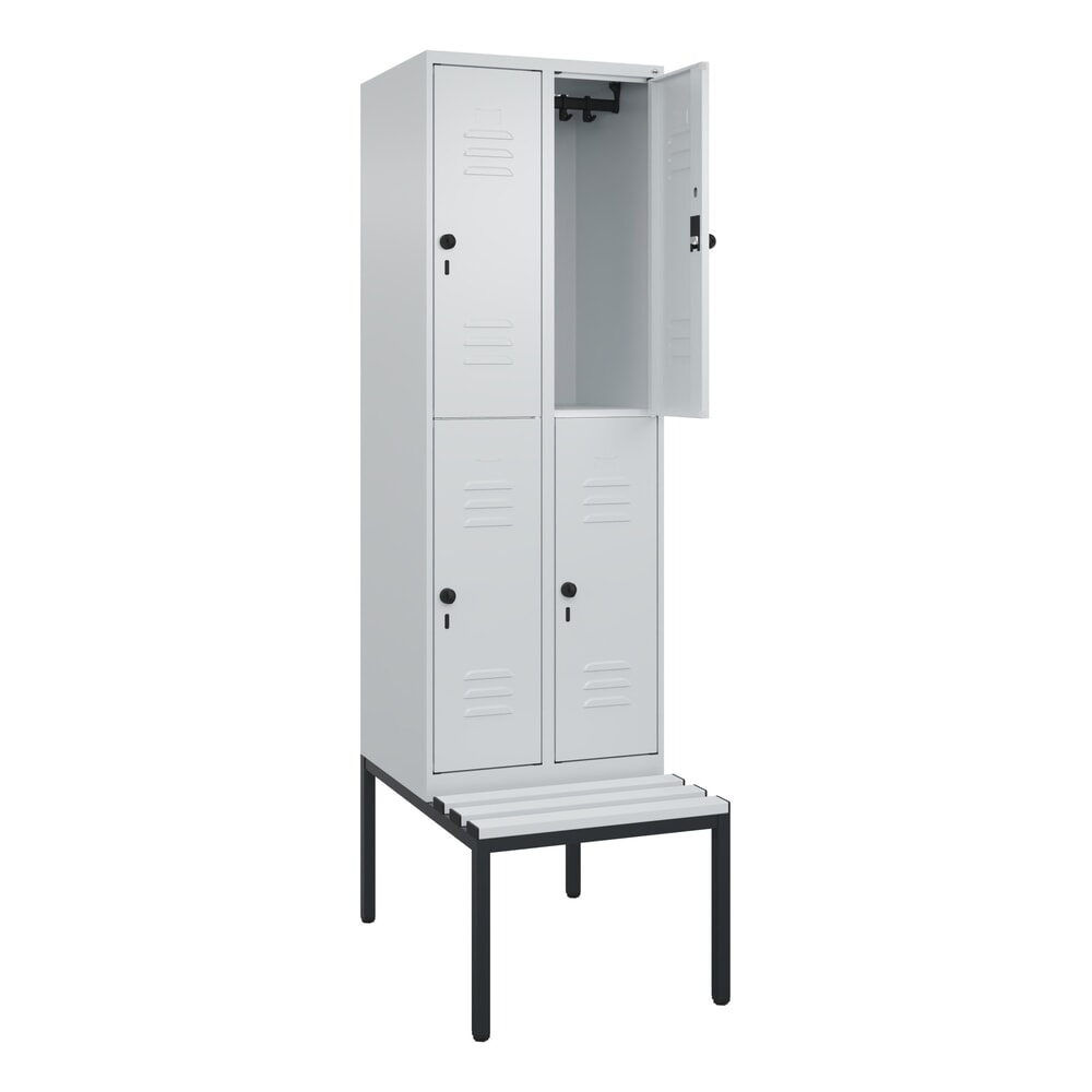 Produktabbildung: C+P Doppelstock-Spind Classic PLUS, 2 Abteile, HxBxT 2.120 x 600 x 815 mm, für Vorhängeschloss, untergebaute Bank aus Kunststoff, lichtgrau, lichtgrau