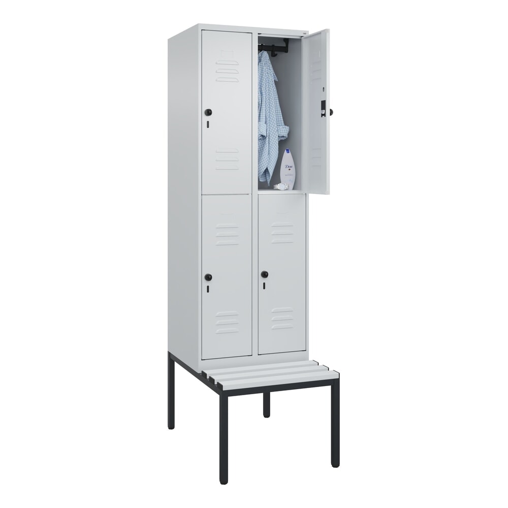 Produktabbildung Nr. 10: C+P Doppelstock-Spind Classic PLUS, 2 Abteile, HxBxT 2.120 x 600 x 815 mm, für Vorhängeschloss, untergebaute Bank aus Kunststoff, lichtgrau, lichtgrau