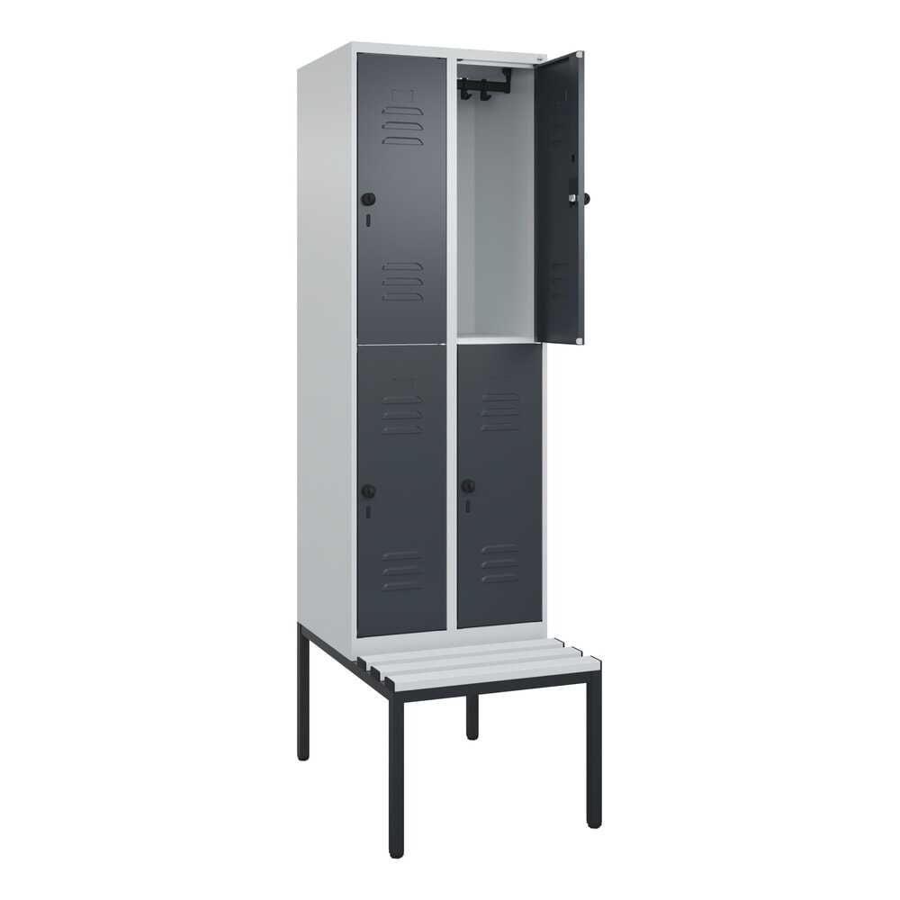 Produktabbildung: C+P Doppelstock-Spind Classic PLUS, 2 Abteile, HxBxT 2.120 x 600 x 815 mm, für Vorhängeschloss, untergebaute Bank aus Kunststoff, lichtgrau, anthrazitgrau