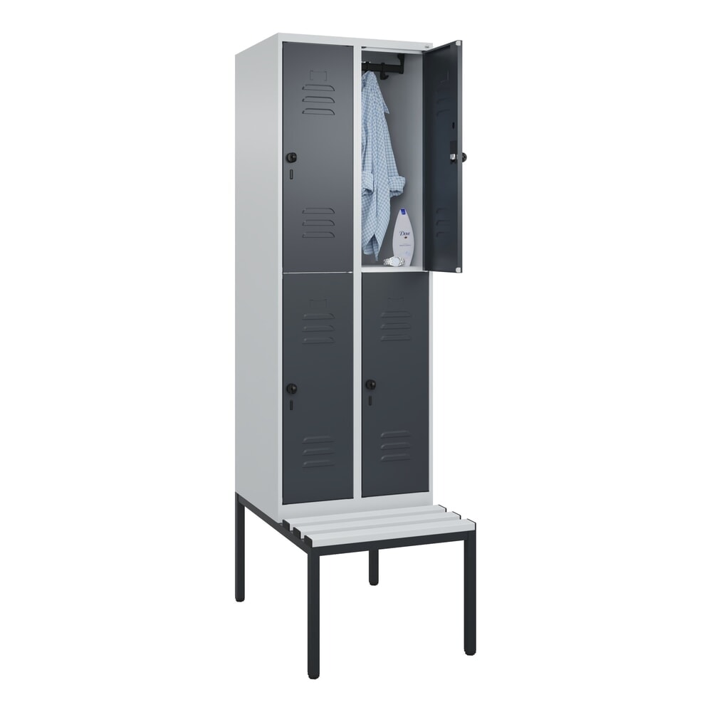 Produktabbildung Nr. 10: C+P Doppelstock-Spind Classic PLUS, 2 Abteile, HxBxT 2.120 x 600 x 815 mm, für Vorhängeschloss, untergebaute Bank aus Kunststoff, lichtgrau, anthrazitgrau
