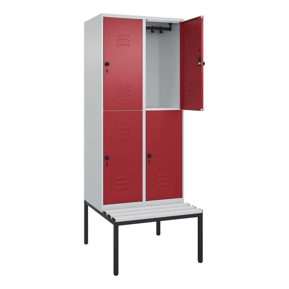 Produktabbildung: C+P Doppelstock-Spind Classic PLUS, 2 Abteile, HxBxT 2.120 x 800 x 815 mm, für Vorhängeschloss, untergebaute Bank aus Kunststoff, lichtgrau, rubinrot