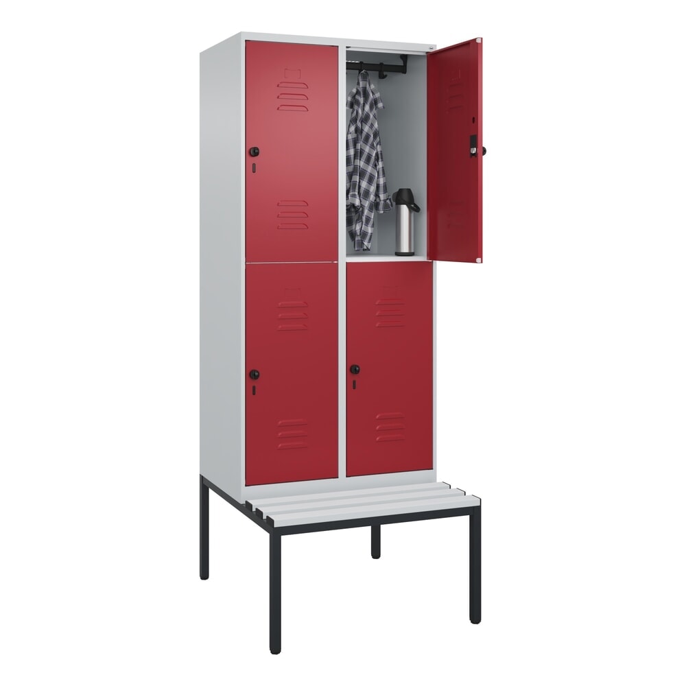 Produktabbildung Nr. 10: C+P Doppelstock-Spind Classic PLUS, 2 Abteile, HxBxT 2.120 x 800 x 815 mm, für Vorhängeschloss, untergebaute Bank aus Kunststoff, lichtgrau, rubinrot