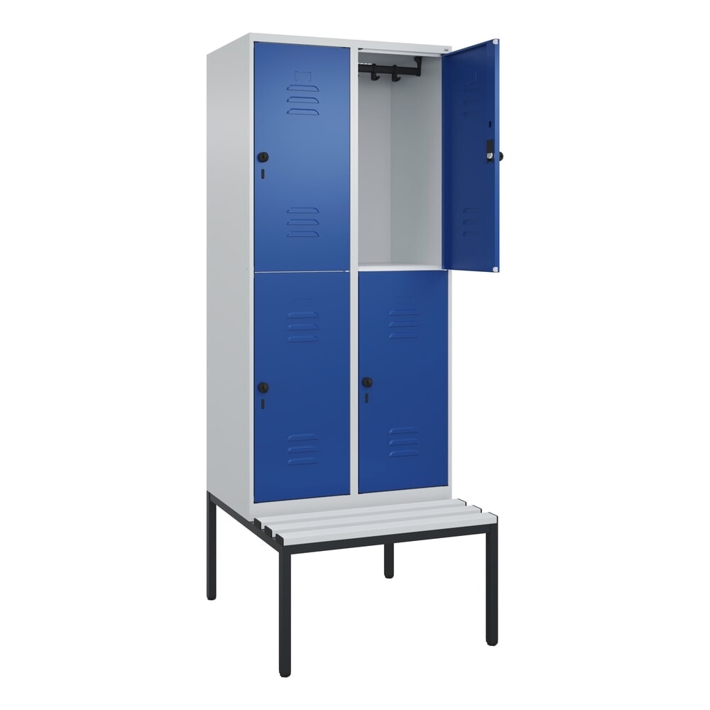 Produktabbildung: C+P Doppelstock-Spind Classic PLUS, 2 Abteile, HxBxT 2.120 x 800 x 815 mm, für Vorhängeschloss, untergebaute Bank aus Kunststoff, lichtgrau, enzianblau