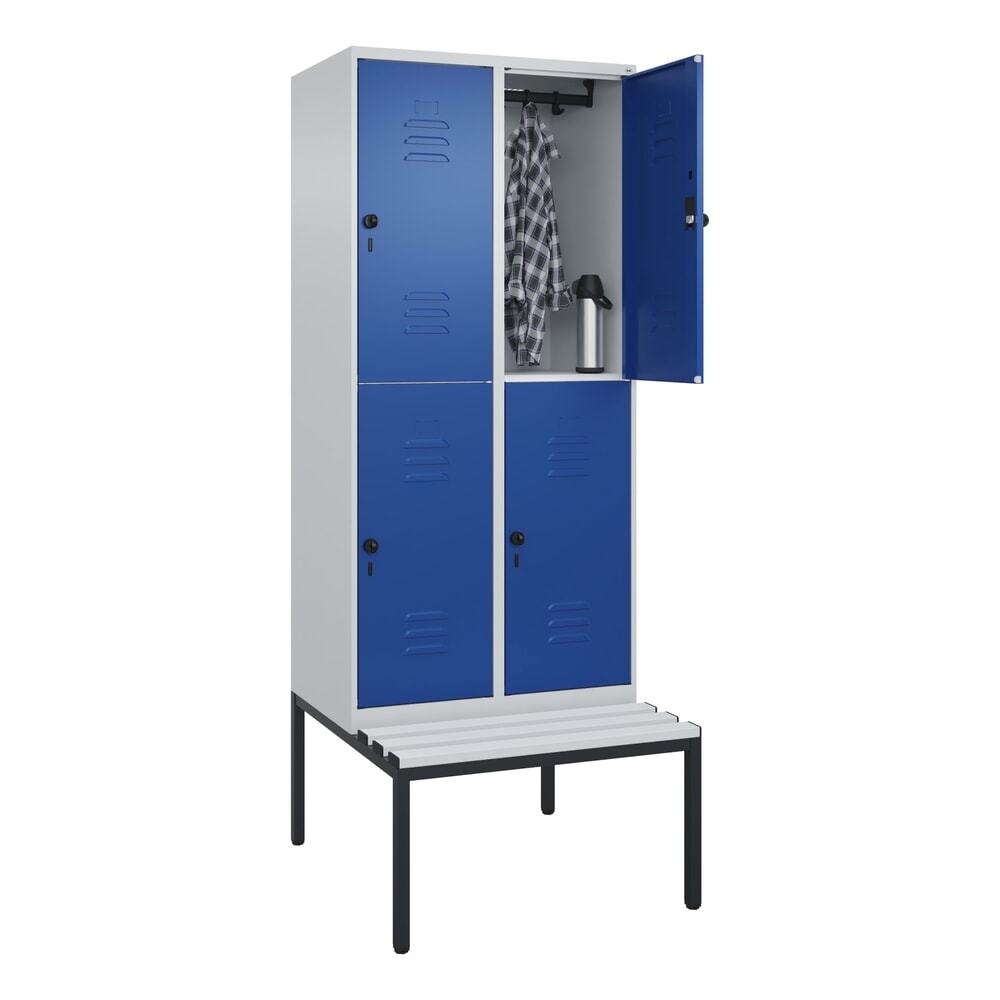 Produktabbildung Nr. 10: C+P Doppelstock-Spind Classic PLUS, 2 Abteile, HxBxT 2.120 x 800 x 815 mm, für Vorhängeschloss, untergebaute Bank aus Kunststoff, lichtgrau, enzianblau