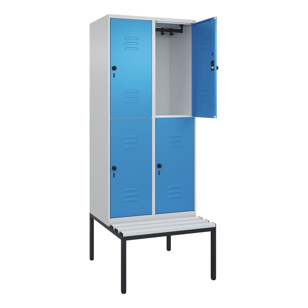 Produktabbildung: C+P Doppelstock-Spind Classic PLUS, 2 Abteile, HxBxT 2.120 x 800 x 815 mm, für Vorhängeschloss, untergebaute Bank aus Kunststoff, lichtgrau, lichtblau