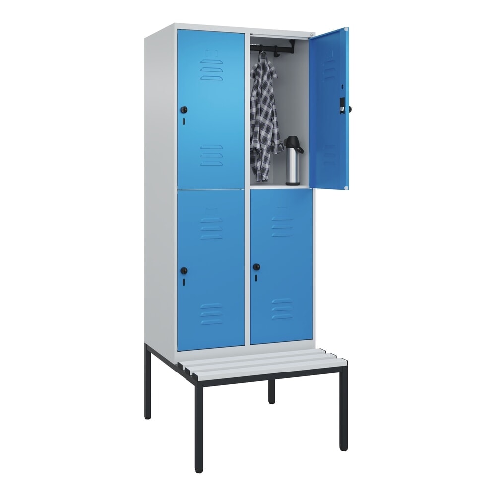 Produktabbildung Nr. 10: C+P Doppelstock-Spind Classic PLUS, 2 Abteile, HxBxT 2.120 x 800 x 815 mm, für Vorhängeschloss, untergebaute Bank aus Kunststoff, lichtgrau, lichtblau