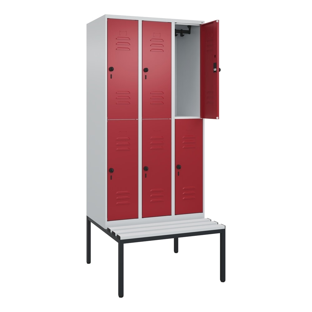 Produktabbildung: C+P Doppelstock-Spind Classic PLUS, 3 Abteile, HxBxT 2.120 x 900 x 815 mm, für Vorhängeschloss, untergebaute Bank aus Kunststoff, lichtgrau, rubinrot