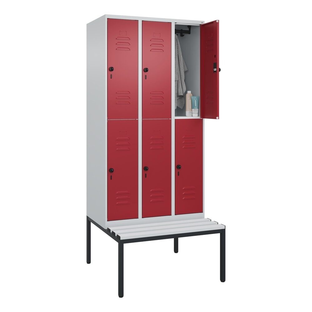 Produktabbildung Nr. 10: C+P Doppelstock-Spind Classic PLUS, 3 Abteile, HxBxT 2.120 x 900 x 815 mm, für Vorhängeschloss, untergebaute Bank aus Kunststoff, lichtgrau, rubinrot
