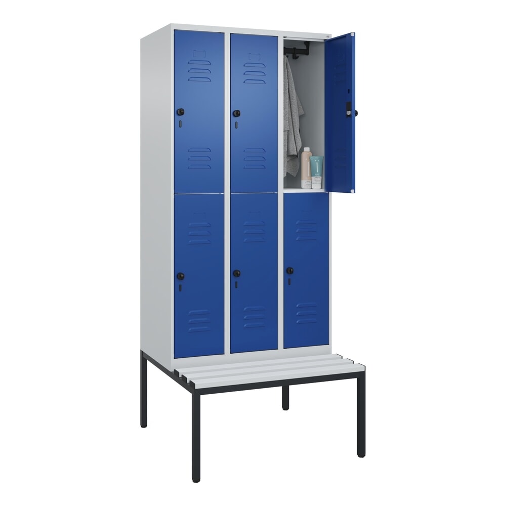 Produktabbildung Nr. 10: C+P Doppelstock-Spind Classic PLUS, 3 Abteile, HxBxT 2.120 x 900 x 815 mm, für Vorhängeschloss, untergebaute Bank aus Kunststoff, lichtgrau, enzianblau