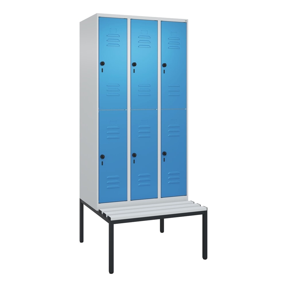 Produktabbildung Nr. 9: C+P Doppelstock-Spind Classic PLUS, 3 Abteile, HxBxT 2.120 x 900 x 815 mm, für Vorhängeschloss, untergebaute Bank aus Kunststoff, lichtgrau, lichtblau