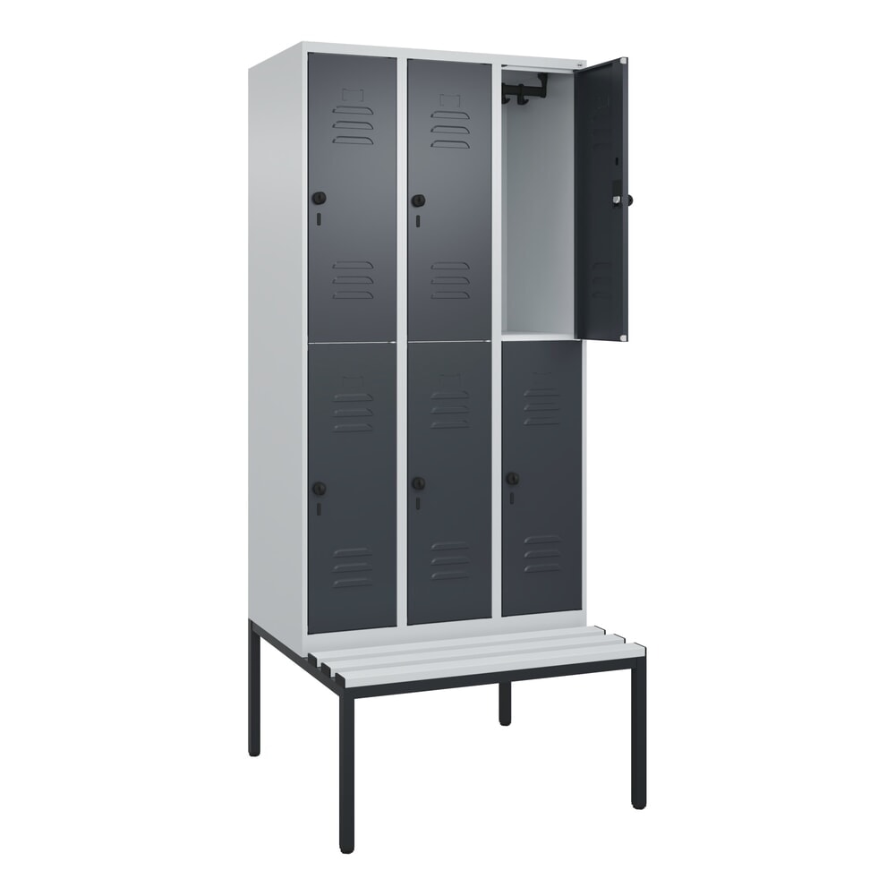 Produktabbildung: C+P Doppelstock-Spind Classic PLUS, 3 Abteile, HxBxT 2.120 x 900 x 815 mm, für Vorhängeschloss, untergebaute Bank aus Kunststoff, lichtgrau, anthrazitgrau