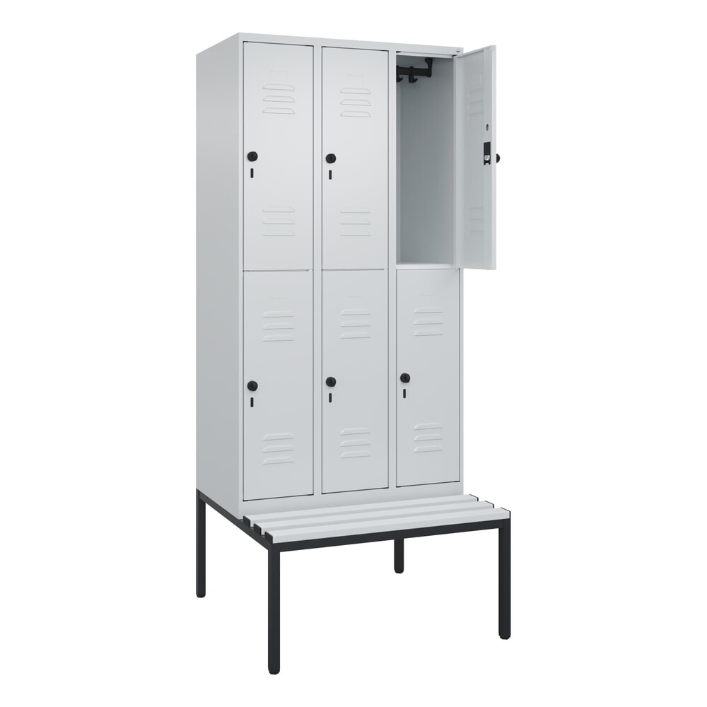 Produktabbildung: C+P Doppelstock-Spind Classic PLUS, 3 Abteile, HxBxT 2.120 x 900 x 815 mm, für Vorhängeschloss, untergebaute Bank aus Kunststoff, lichtgrau, lichtgrau