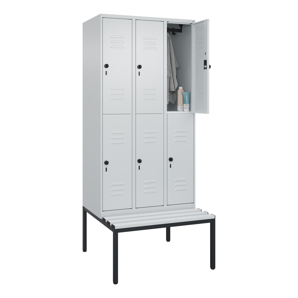 Produktabbildung Nr. 10: C+P Doppelstock-Spind Classic PLUS, 3 Abteile, HxBxT 2.120 x 900 x 815 mm, für Vorhängeschloss, untergebaute Bank aus Kunststoff, lichtgrau, lichtgrau