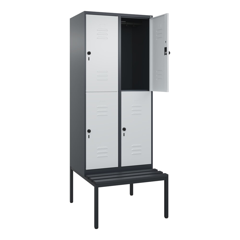 Produktabbildung: C+P Doppelstock-Spind Classic PLUS, 2 Abteile, HxBxT 2.120 x 800 x 815 mm, für Vorhängeschloss, untergebaute Bank aus Kunststoff, anthrazitgrau, lichtgrau