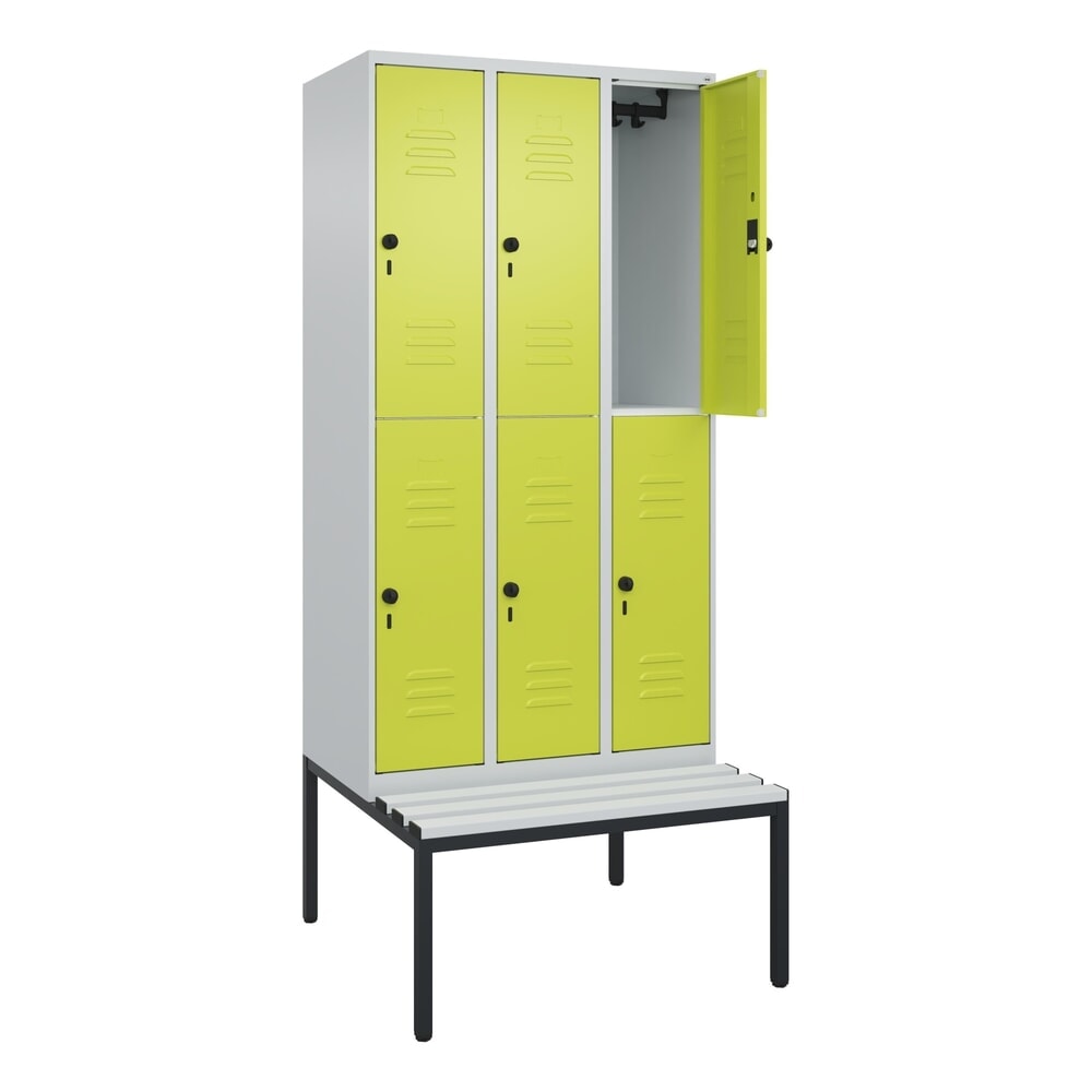Produktabbildung: C+P Doppelstock-Spind Classic PLUS, 3 Abteile, HxBxT 2.120 x 900 x 815 mm, für Vorhängeschloss, untergebaute Bank aus Kunststoff, lichtgrau, clowngrün