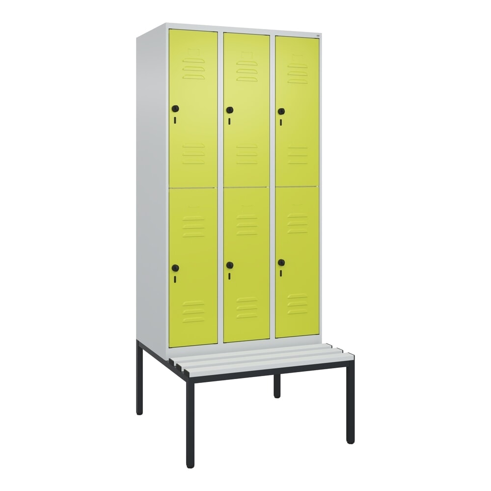 Produktabbildung Nr. 9: C+P Doppelstock-Spind Classic PLUS, 3 Abteile, HxBxT 2.120 x 900 x 815 mm, für Vorhängeschloss, untergebaute Bank aus Kunststoff, lichtgrau, clowngrün