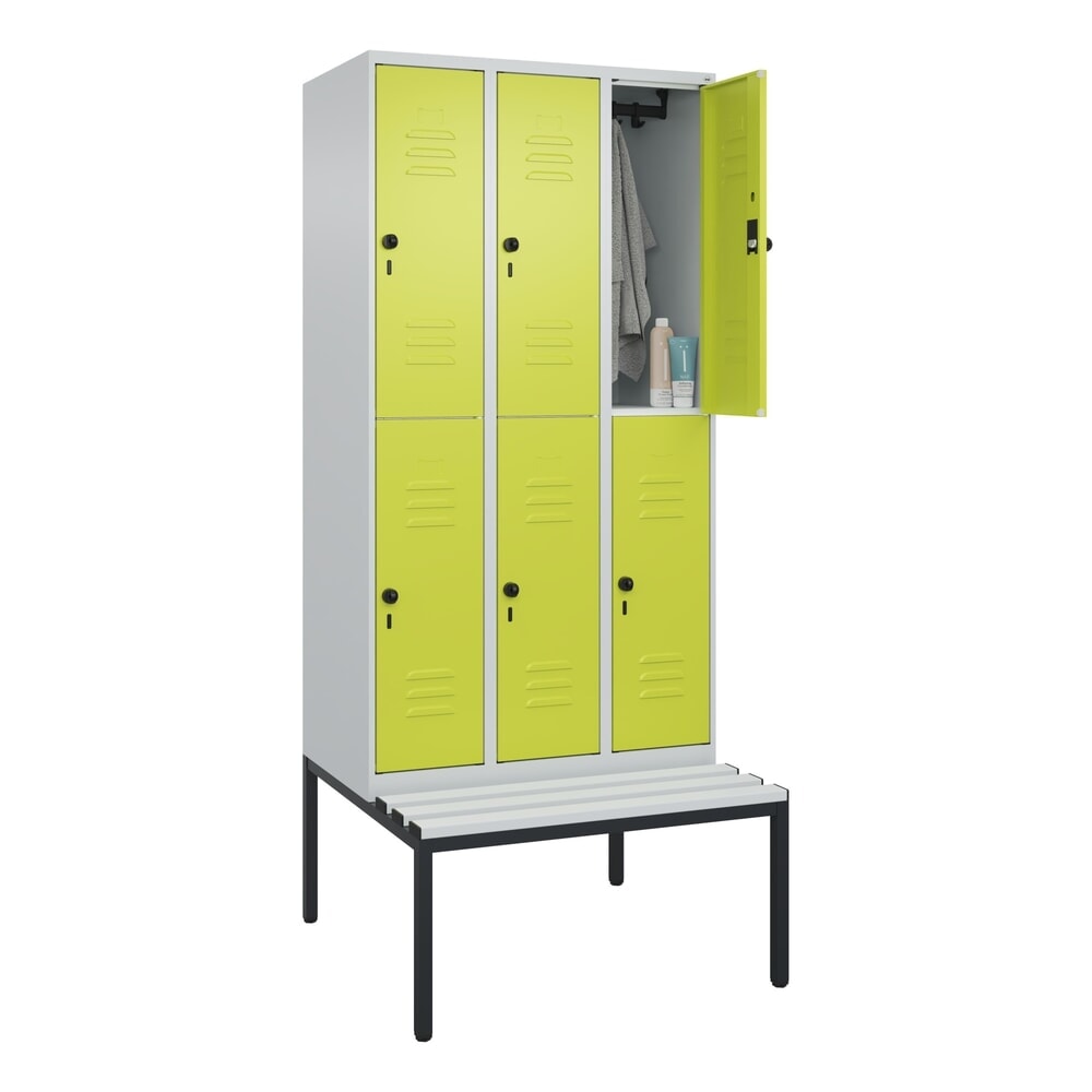Produktabbildung Nr. 10: C+P Doppelstock-Spind Classic PLUS, 3 Abteile, HxBxT 2.120 x 900 x 815 mm, für Vorhängeschloss, untergebaute Bank aus Kunststoff, lichtgrau, clowngrün