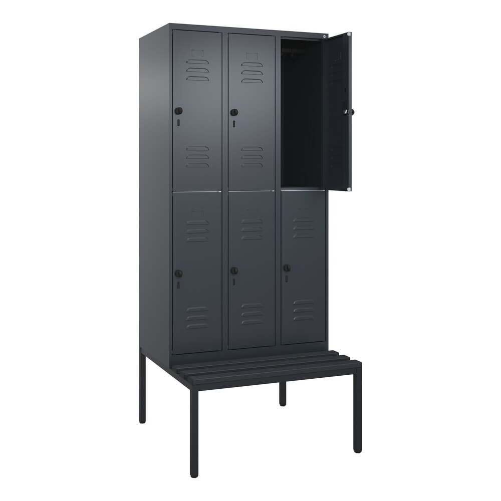 Produktabbildung: C+P Doppelstock-Spind Classic PLUS, 3 Abteile, HxBxT 2.120 x 900 x 815 mm, für Vorhängeschloss, untergebaute Bank aus Kunststoff, anthrazitgrau, anthrazitgrau