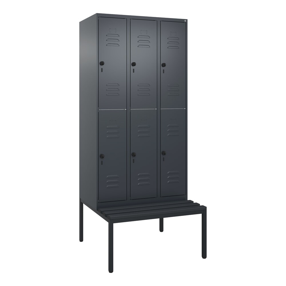Produktabbildung Nr. 9: C+P Doppelstock-Spind Classic PLUS, 3 Abteile, HxBxT 2.120 x 900 x 815 mm, für Vorhängeschloss, untergebaute Bank aus Kunststoff, anthrazitgrau, anthrazitgrau