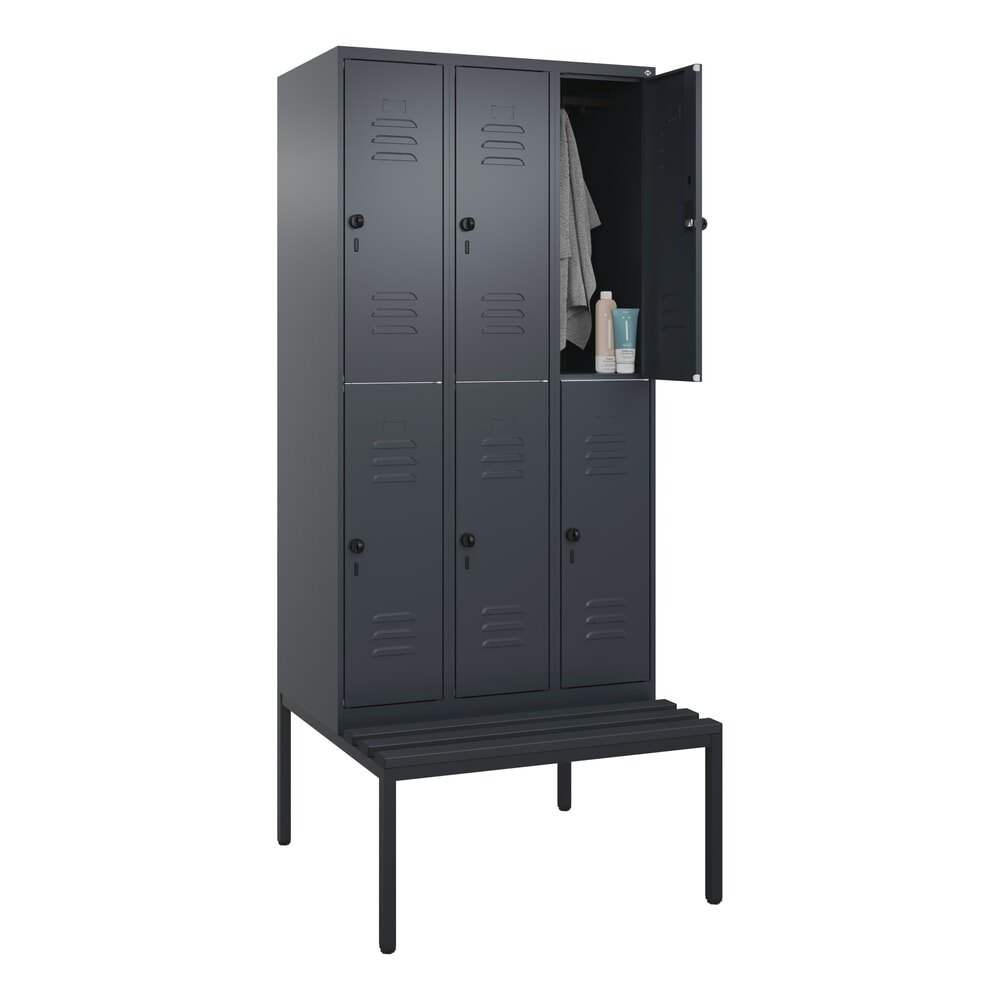 Produktabbildung Nr. 10: C+P Doppelstock-Spind Classic PLUS, 3 Abteile, HxBxT 2.120 x 900 x 815 mm, für Vorhängeschloss, untergebaute Bank aus Kunststoff, anthrazitgrau, anthrazitgrau