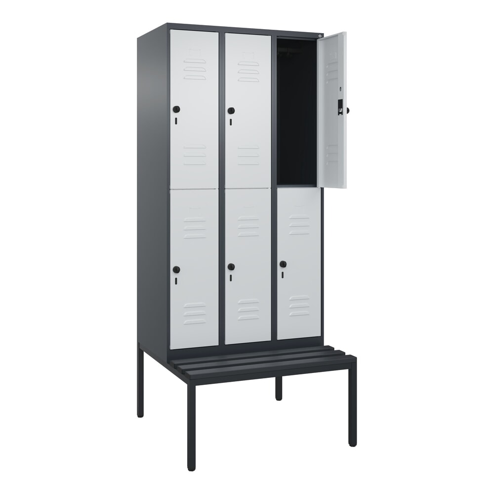 Produktabbildung: C+P Doppelstock-Spind Classic PLUS, 3 Abteile, HxBxT 2.120 x 900 x 815 mm, für Vorhängeschloss, untergebaute Bank aus Kunststoff, anthrazitgrau, lichtgrau