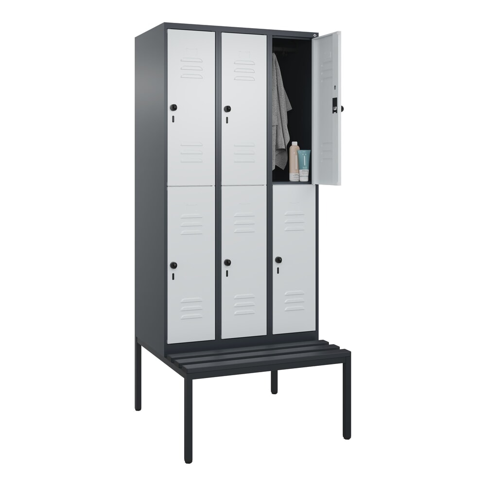 Produktabbildung Nr. 10: C+P Doppelstock-Spind Classic PLUS, 3 Abteile, HxBxT 2.120 x 900 x 815 mm, für Vorhängeschloss, untergebaute Bank aus Kunststoff, anthrazitgrau, lichtgrau