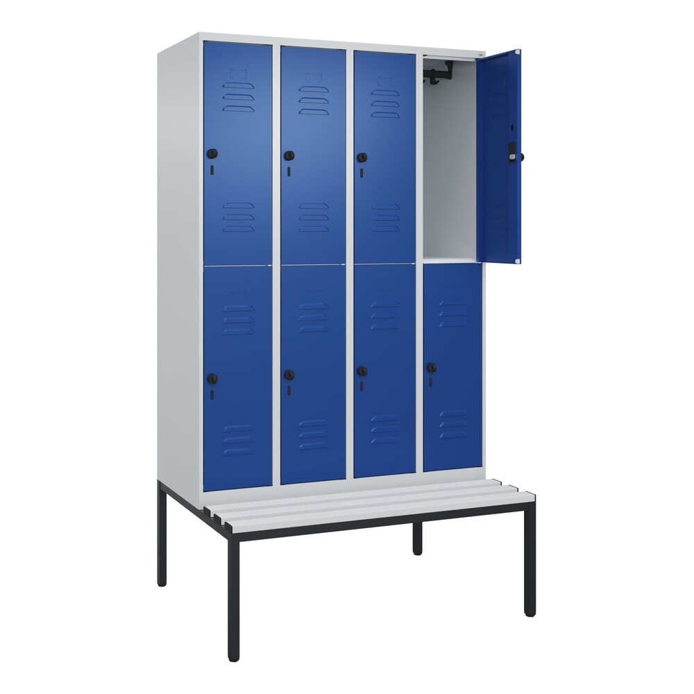 C+P Doppelstock-Spind Classic PLUS, 4 Abteile, HxBxT 2.120 x 1.200 x 815 mm, für Vorhängeschloss, untergebaute Bank aus Kunststoff, lichtgrau, enzianblau Produktabbildung: C+P Doppelstock-Spind Classic PLUS, 4 Abteile, HxBxT 2.120 x 1.200 x 815 mm, für Vorhängeschloss, untergebaute Bank aus Kunststoff, lichtgrau, enzianblau