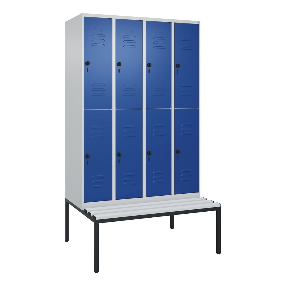 Produktabbildung Nr. 9: C+P Doppelstock-Spind Classic PLUS, 4 Abteile, HxBxT 2.120 x 1.200 x 815 mm, für Vorhängeschloss, untergebaute Bank aus Kunststoff, lichtgrau, enzianblau